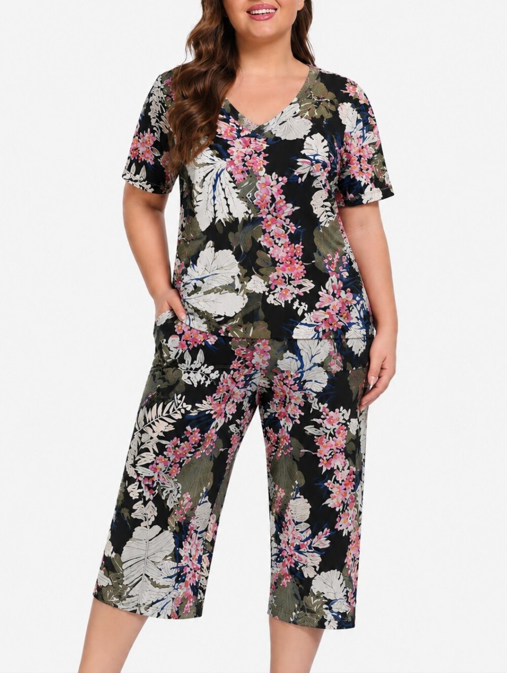 Ekouaer Navy Floral Lounge Set V-Neck Pajama Set with Cropped Pants XXL